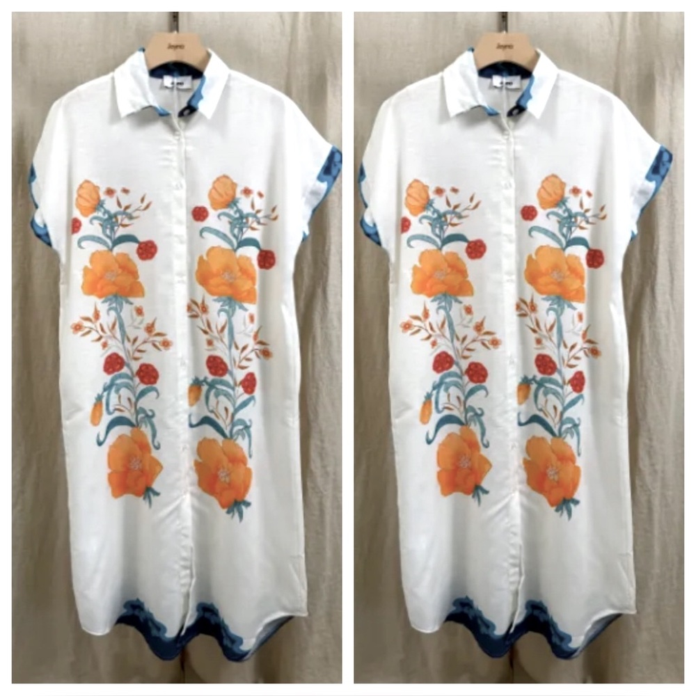 MADE IN ITALY Floral Button-Up Dress with Orange and Blue Accents